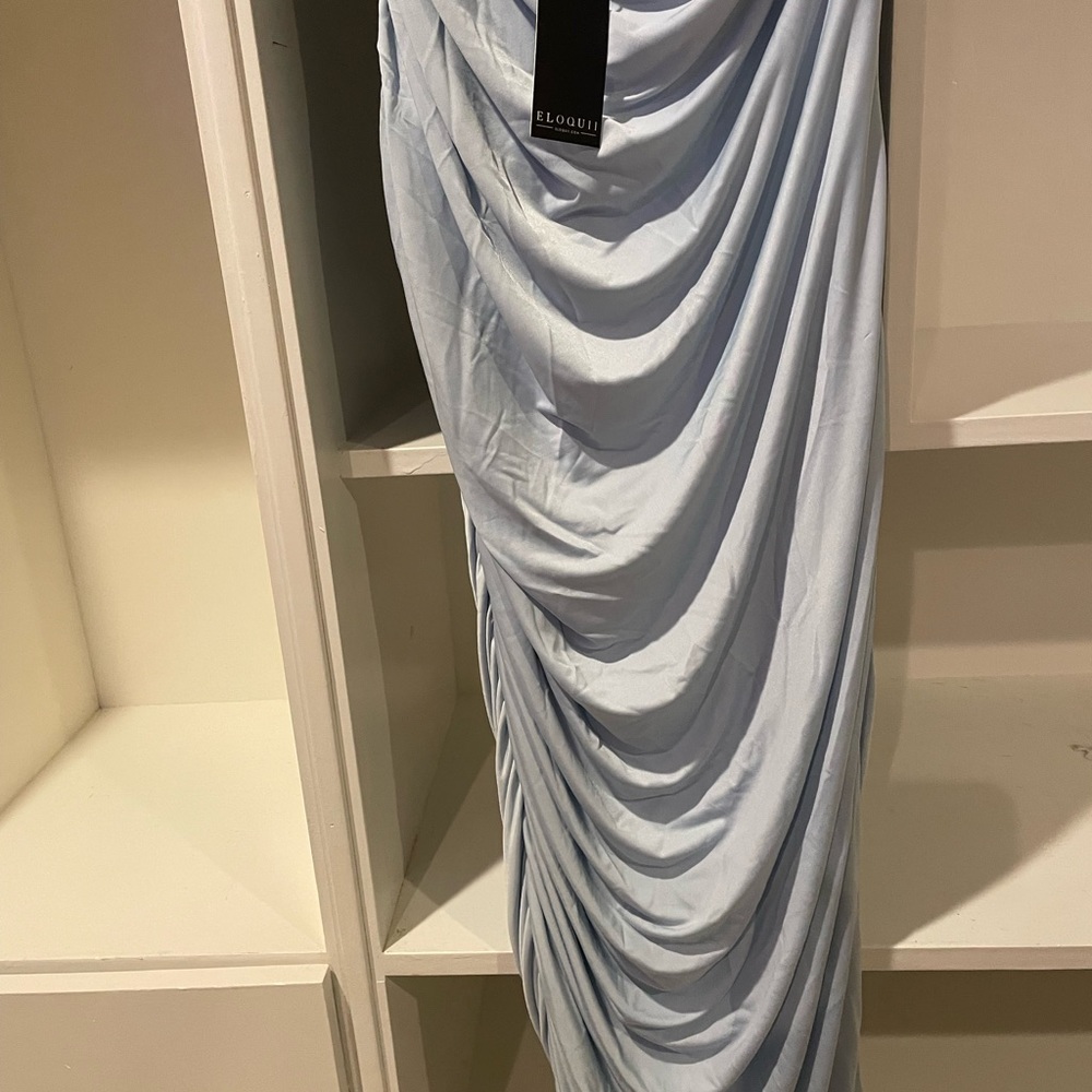 Eloquii Light Blue One Shoulder Ruched Below the Knee Dress Size 16